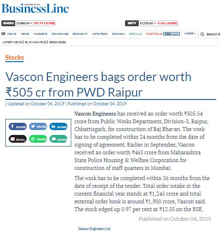 VASCON Engineers bags order worth Rs 505 Cr from PWD Raipur(HBL)